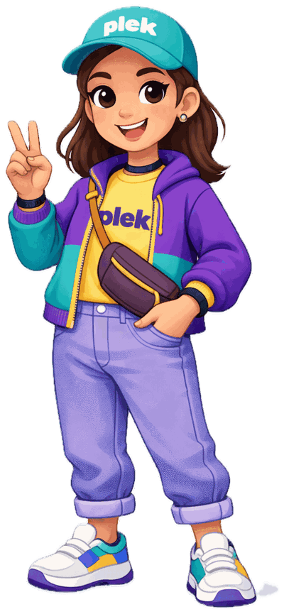 The Plek mascot: a cheerful girl in a teal Plek cap and a purple hoodie, making a peace sign