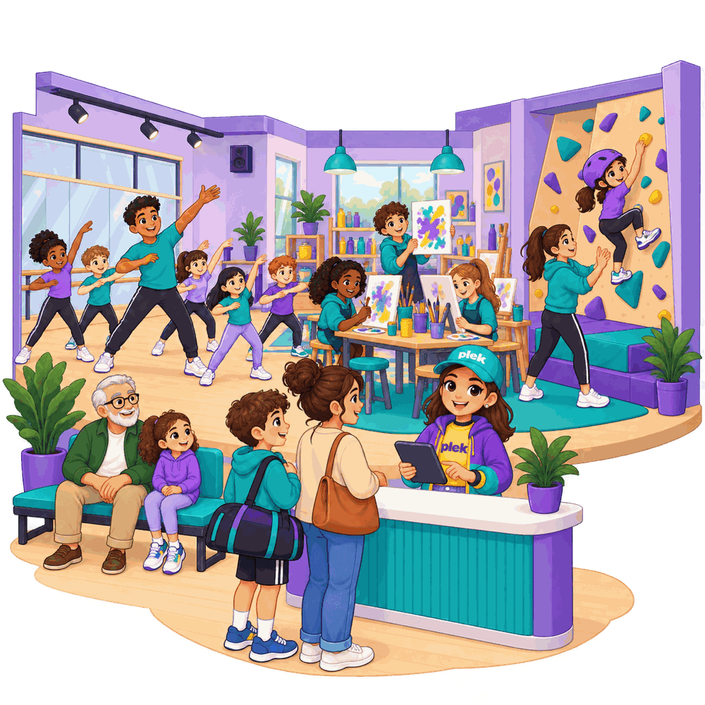 Kinderen bij een dansles, een tekenatelier en een klimmuur, terwijl nieuwe deelnemers aan de balie worden ingecheckt
